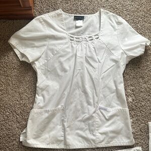 Cherokee White Women's Blouse with neckline detail & 2 pair of scrub pants FREE!